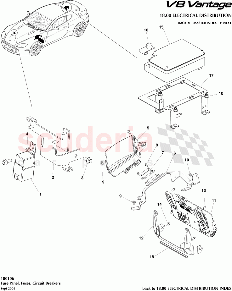 Fuse Panel, Fuses, Circuit Breakers of Aston Martin Aston Martin V8 Vantage (upto 2016)