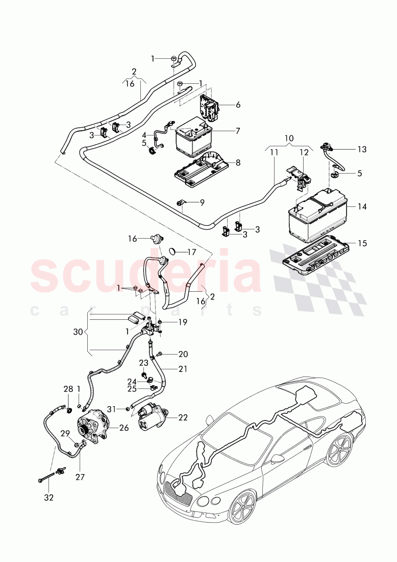 harness for battery +/-, Wire harness for starter and alternator with ground, wire, F 3W-F-041 768>>, F ZA-F-041 768>> of Bentley Bentley Continental GT (2011-2018)