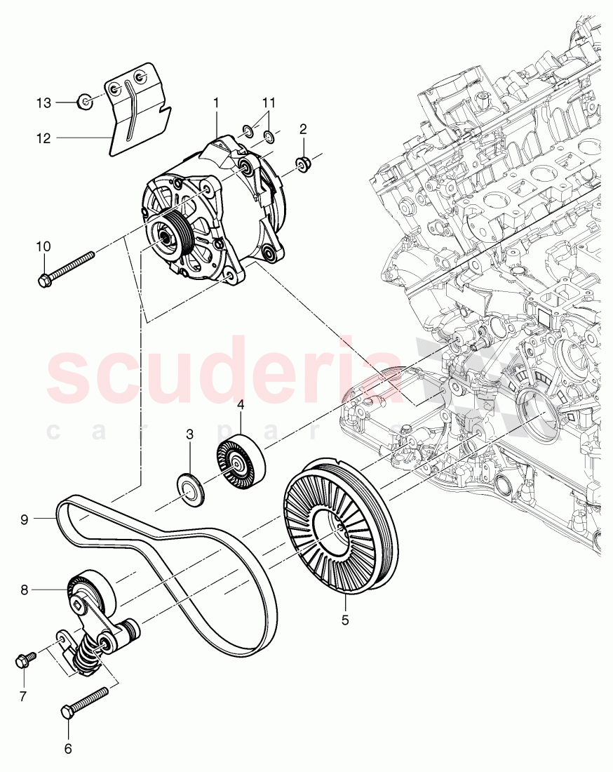 Alternator, connecting and mounting parts, for alternator, v-ribbed belt, tensioning lever with relay, roller, D - MJ 2015>> of Bentley Bentley Continental GT (2011-2018)