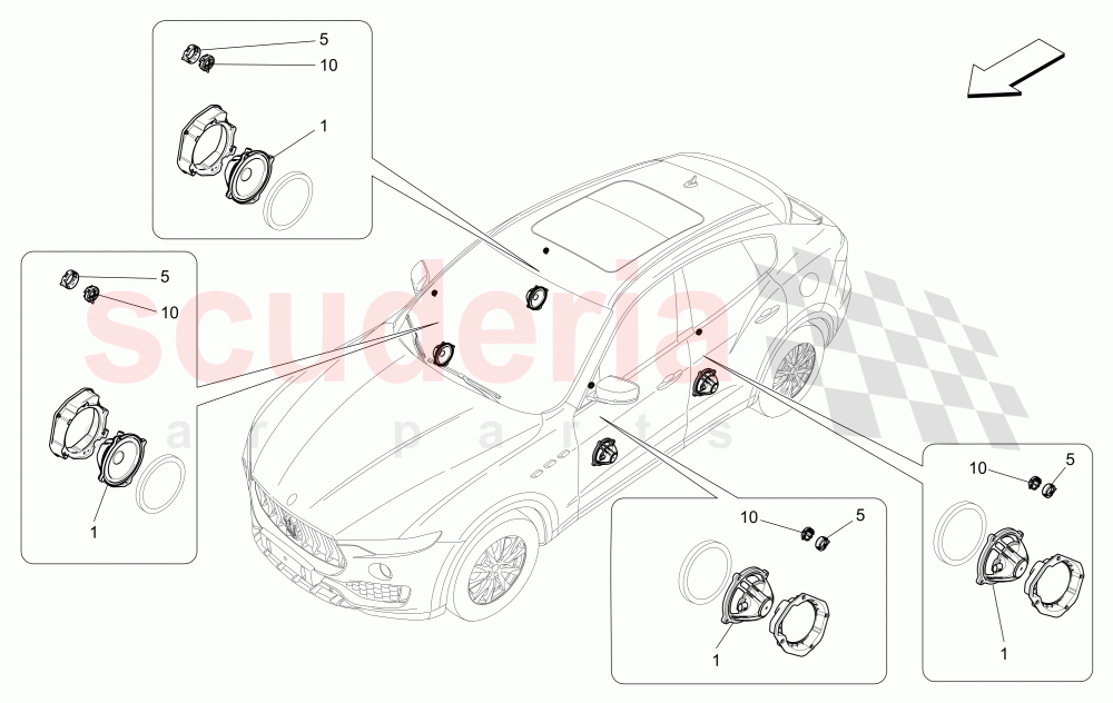 SOUND DIFFUSION SYSTEM (Available with: BASIC SOUND SYSTEM (8 SPEAKERS) Not available with: HIGH PREMIUM SOUND SYSTEM, PREMIUM SOUND SYSTEM) of Maserati Maserati Levante (2017+) Diesel