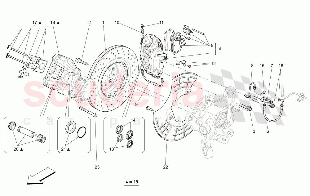 BRAKING DEVICES ON REAR WHEELS (Available with: DUAL CAST BRAKING SYSTEM (FRONT - 360 MM) CAST-IRON (REAR - 345 MM) Not available with: Dual Cast Braking System (Front - 345 mm) ; (Rear - 330 mm) - Coloured brake calipers) of Maserati Maserati Ghibli (2017+) Diesel